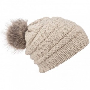 Skullies & Beanies Women Winter Knit Warm Beanie with Faux Fur Pompom Soft Chunky Baggy Skull Ski Cap - Beige - CT18ZR3KXKL $...