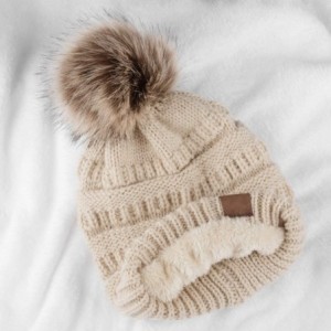 Skullies & Beanies Women Winter Knit Warm Beanie with Faux Fur Pompom Soft Chunky Baggy Skull Ski Cap - Beige - CT18ZR3KXKL $...