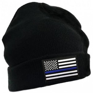 Skullies & Beanies Thin Blue Line Flag Embroidered Winter Hat - Black - C512BGJLZC7 $17.34