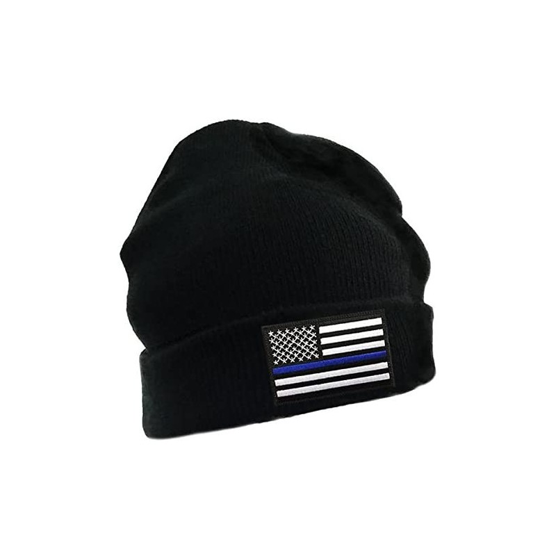 Skullies & Beanies Thin Blue Line Flag Embroidered Winter Hat - Black - C512BGJLZC7 $17.34