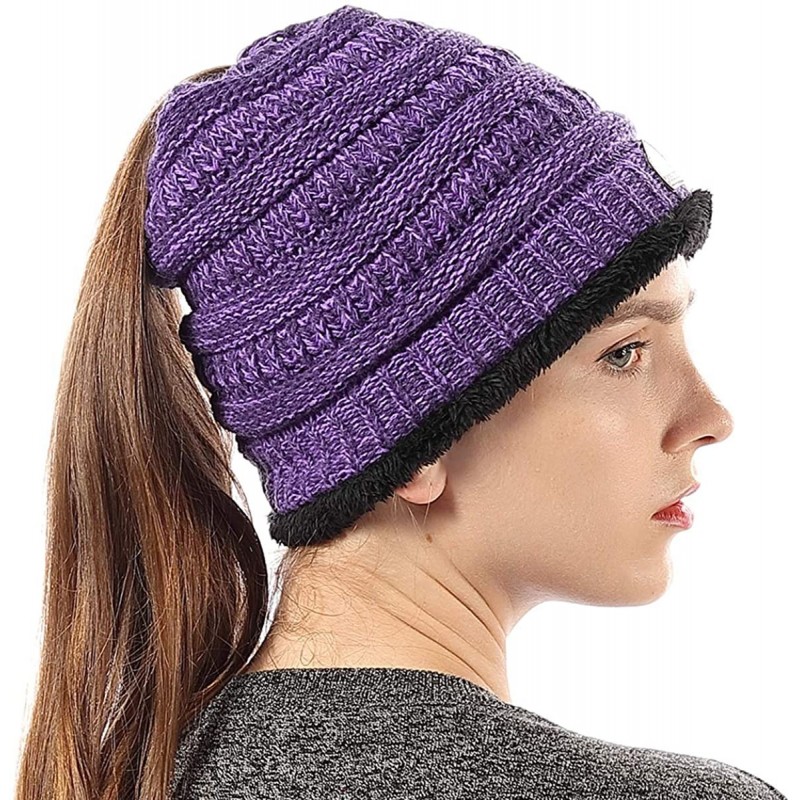 Skullies & Beanies Womens Ponytail Beanie Hats Warm Fuzzy Lined Soft Stretch Cable Knit Messy High Bun Cap - Purple Mix - C31...