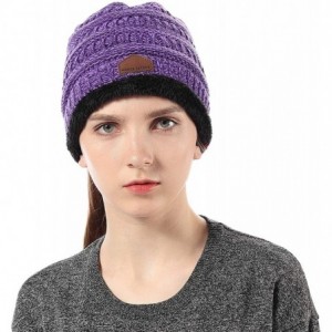 Skullies & Beanies Womens Ponytail Beanie Hats Warm Fuzzy Lined Soft Stretch Cable Knit Messy High Bun Cap - Purple Mix - C31...