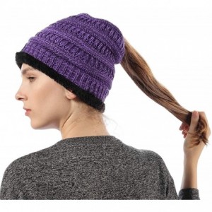 Skullies & Beanies Womens Ponytail Beanie Hats Warm Fuzzy Lined Soft Stretch Cable Knit Messy High Bun Cap - Purple Mix - C31...