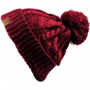 Skullies & Beanies Cable Knit Winter Warm Top Soft Large Pom Pom Cuff Beanie Hat - Burgundy - C711QA6G8BJ $10.34