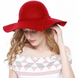 Fedoras Women 100% Wool Wide Brim Cloche Fedora Floppy hat Cap - Red - CX12NBZPEK6 $18.72