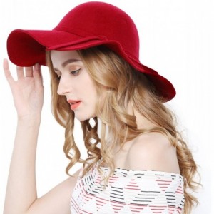 Fedoras Women 100% Wool Wide Brim Cloche Fedora Floppy hat Cap - Red - CX12NBZPEK6 $32.53