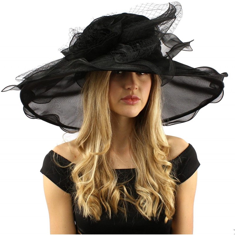 Sun Hats Dramatic Big Flower Netting Derby Floppy Organza Wide Brim 7" Dress Hat - Black - CR12CQXYO1B $44.15