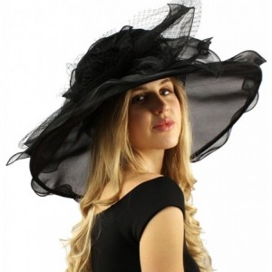 Sun Hats Dramatic Big Flower Netting Derby Floppy Organza Wide Brim 7" Dress Hat - Black - CR12CQXYO1B $44.15