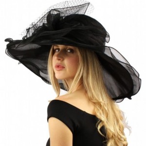 Sun Hats Dramatic Big Flower Netting Derby Floppy Organza Wide Brim 7" Dress Hat - Black - CR12CQXYO1B $44.15