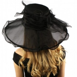 Sun Hats Dramatic Big Flower Netting Derby Floppy Organza Wide Brim 7" Dress Hat - Black - CR12CQXYO1B $44.15