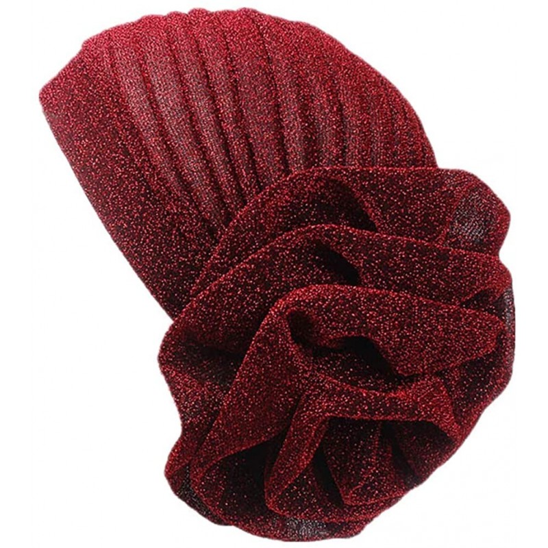 Skullies & Beanies Women Elastic Glitter Big Flower Turban Chemo Beanie Hair Loss Chemo Cap Hat - Wine - CJ18LU7XWHN $12.07