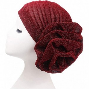 Skullies & Beanies Women Elastic Glitter Big Flower Turban Chemo Beanie Hair Loss Chemo Cap Hat - Wine - CJ18LU7XWHN $12.07