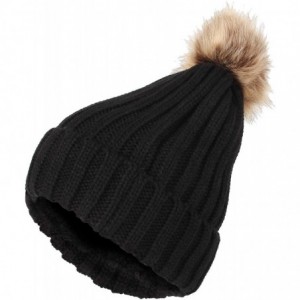 Skullies & Beanies Trendy Ribbed Knitted Fur Pom Pom Beanie Hat Slouchy CR5146 - Black - CR12NSM1ET5 $25.83