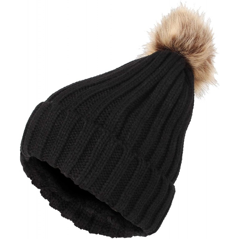 Skullies & Beanies Trendy Ribbed Knitted Fur Pom Pom Beanie Hat Slouchy CR5146 - Black - CR12NSM1ET5 $15.50