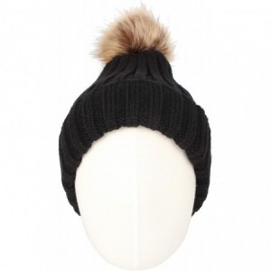 Skullies & Beanies Trendy Ribbed Knitted Fur Pom Pom Beanie Hat Slouchy CR5146 - Black - CR12NSM1ET5 $15.50