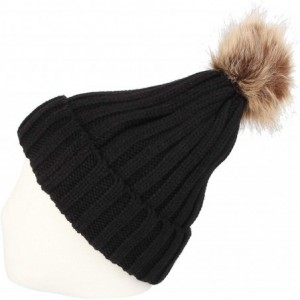 Skullies & Beanies Trendy Ribbed Knitted Fur Pom Pom Beanie Hat Slouchy CR5146 - Black - CR12NSM1ET5 $15.50
