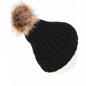 Skullies & Beanies Trendy Ribbed Knitted Fur Pom Pom Beanie Hat Slouchy CR5146 - Black - CR12NSM1ET5 $15.50