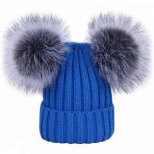 Skullies & Beanies Women's Winter Ribbed Knitted Beanie Hat with Double Faux Fur Pom Pom - Blue - CV1897OYQ5D $11.80