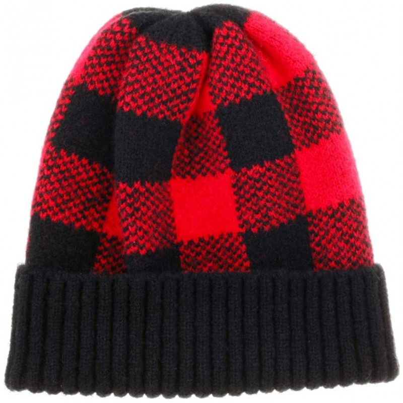 Skullies & Beanies Winter Soft Stretch Buffalo Plaid Cuff Beanie Hat Thick Chunky Warm Knit Skull Ski Cap - Black/Red - C018Y...