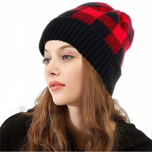 Skullies & Beanies Winter Soft Stretch Buffalo Plaid Cuff Beanie Hat Thick Chunky Warm Knit Skull Ski Cap - Black/Red - C018Y...