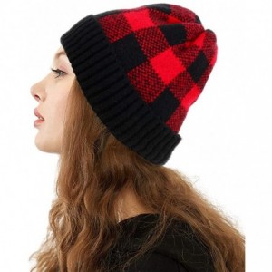 Skullies & Beanies Winter Soft Stretch Buffalo Plaid Cuff Beanie Hat Thick Chunky Warm Knit Skull Ski Cap - Black/Red - C018Y...