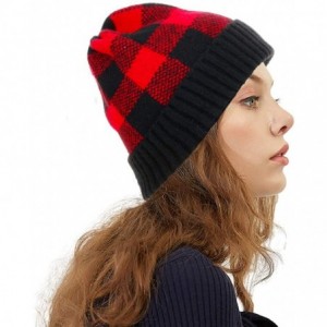 Skullies & Beanies Winter Soft Stretch Buffalo Plaid Cuff Beanie Hat Thick Chunky Warm Knit Skull Ski Cap - Black/Red - C018Y...