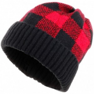 Skullies & Beanies Winter Soft Stretch Buffalo Plaid Cuff Beanie Hat Thick Chunky Warm Knit Skull Ski Cap - Black/Red - C018Y...