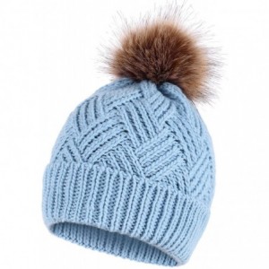 Skullies & Beanies Women's Diamond Weave Knit Faux Fur Pompom Winter Beanie - Lt. Blue - C91883GWLR8 $12.97