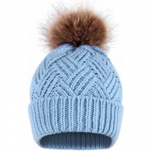 Skullies & Beanies Women's Diamond Weave Knit Faux Fur Pompom Winter Beanie - Lt. Blue - C91883GWLR8 $12.97