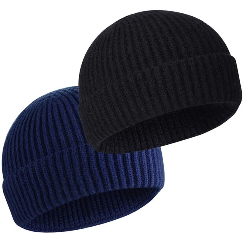 Skullies & Beanies Wool Winter Knit Cuff Short Fisherman Beanie Hats for Men Women - Black&navy 2pack - CZ1943XGAX9 $18.10
