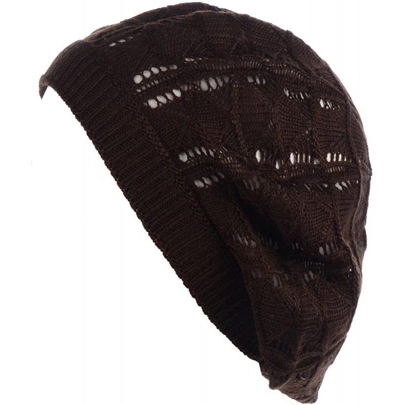Berets Chic Parisian Style Soft Lightweight Crochet Cutout Knit Beret Beanie Hat - Wavy Stripes Brown - C318EMGTWML $11.06