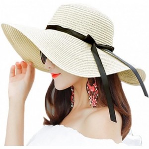 Sun Hats Women's Big Brim Sun Hat Floppy Foldable Bowknot Straw Hat Summer Beach Hat Beige - Beige - CG1804TTEWX $30.74