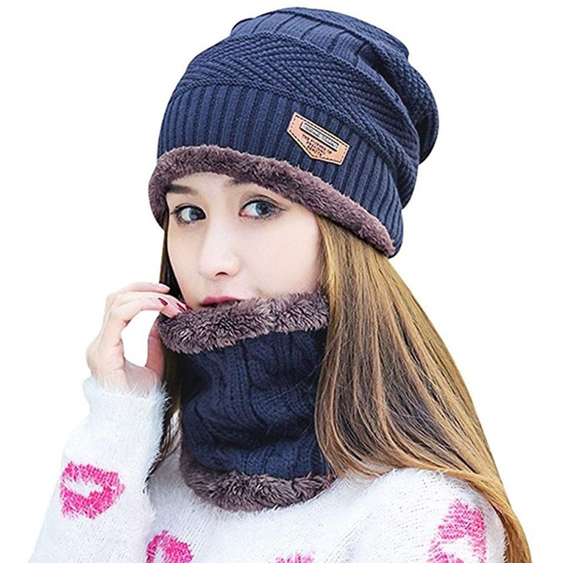 Skullies & Beanies Winter Beanie Hat Scarf Set Warm Knit Hat Thick Skull Cap for Men Women - Blue - CL19227I8QZ $9.03