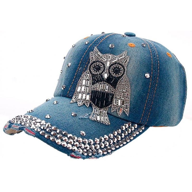 Baseball Caps Women Men Owl Denim Rhinestone Baseball Cap Snapback Hip Hop Flat Casual Hat - Blue - CR182AGKD0K $9.90