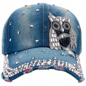 Baseball Caps Women Men Owl Denim Rhinestone Baseball Cap Snapback Hip Hop Flat Casual Hat - Blue - CR182AGKD0K $9.90