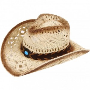 Cowboy Hats Men/Women's Classic Western Cowboy Straw Hat w/Leather Band - Blue Bead - CS186987W35 $23.05