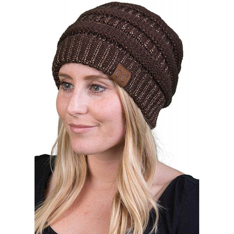 Skullies & Beanies Solid Ribbed Beanie Slouchy Soft Stretch Cable Knit Warm Skull Cap - Brown - Metallic - CX185RWKX34 $11.87