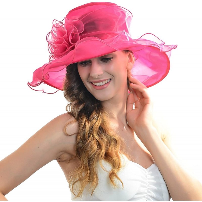 Sun Hats Ladies Wide Brim Organza Derby hat for Kentucky Derby Church Tea Party Wedding - S09-hot Pink - C418R2I6A3C $21.76