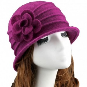 Fedoras Women 100% Wool Solid Color Round Top Cloche Beret Cap Flower Fedora Hat - 3 Dark Fuschia - CD186WY2EAR $31.00