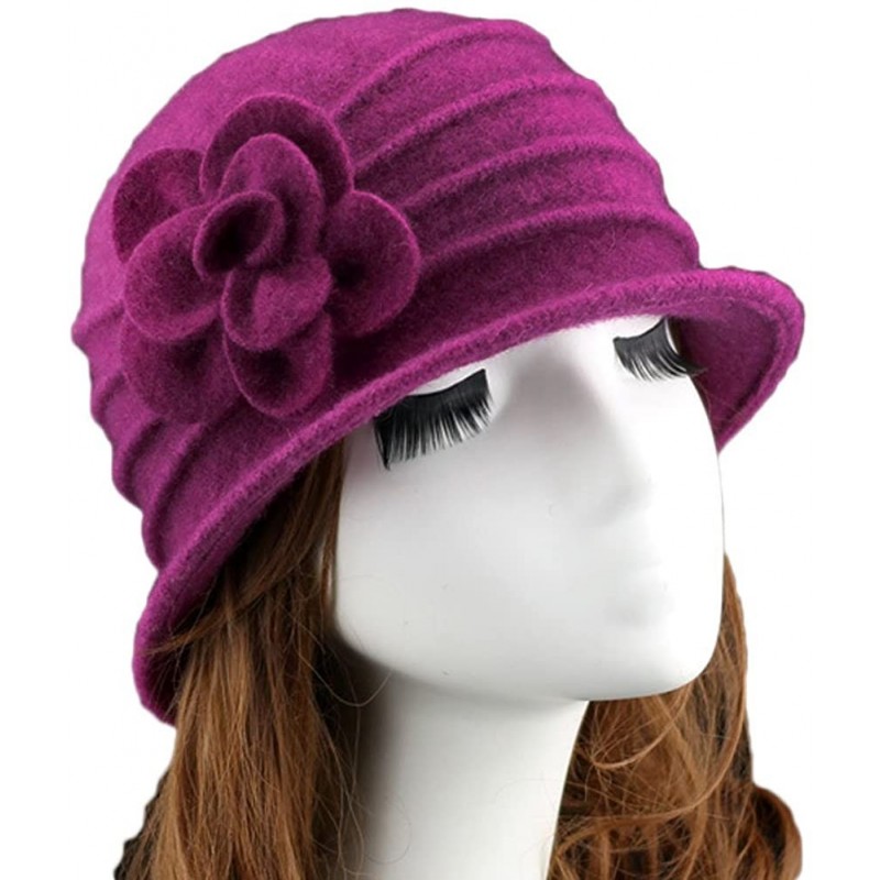 Fedoras Women 100% Wool Solid Color Round Top Cloche Beret Cap Flower Fedora Hat - 3 Dark Fuschia - CD186WY2EAR $16.10