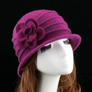 Fedoras Women 100% Wool Solid Color Round Top Cloche Beret Cap Flower Fedora Hat - 3 Dark Fuschia - CD186WY2EAR $16.10