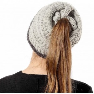 Skullies & Beanies Womens Ponytail Beanie Hats Warm Fuzzy Lined Soft Stretch Cable Knit Messy High Bun Cap - Light Gray - C01...