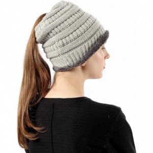 Skullies & Beanies Womens Ponytail Beanie Hats Warm Fuzzy Lined Soft Stretch Cable Knit Messy High Bun Cap - Light Gray - C01...