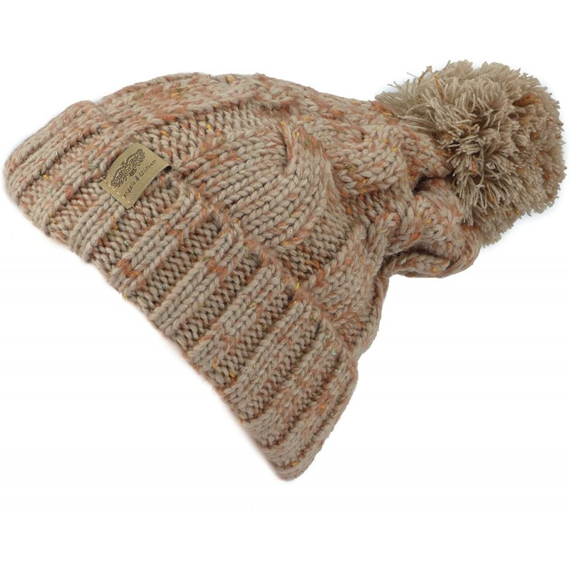 Skullies & Beanies Fleece Lined Warm Knitted Slouchy Pom Pom Cable Beanie Cap Hat - Confetti Khaki - CA1875M337H $9.53