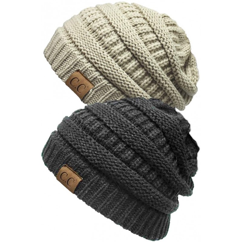 Skullies & Beanies Solid Ribbed Beanie Slouchy Soft Stretch Cable Knit Warm Skull Cap - 2 Pack - Charcoal & Beige - C218HY5MR...