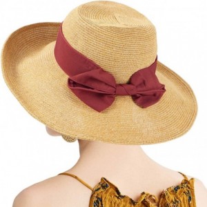 Sun Hats Women Straw Sun Hat Bowknot Floppy Foldable Wide Brim Summer Beach Bucket Hat - Wine Red - Beige - CY196I90G29 $15.86