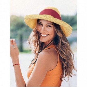 Sun Hats Women Straw Sun Hat Bowknot Floppy Foldable Wide Brim Summer Beach Bucket Hat - Wine Red - Beige - CY196I90G29 $15.86