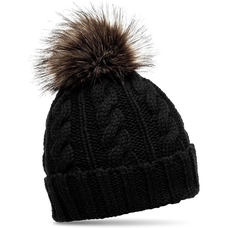 Skullies & Beanies Womens Winter Knitted Beanie Fleece Inner Lining Large Fur Bobble - MU104 - Dark Brown - C211OF18PZJ $21.56