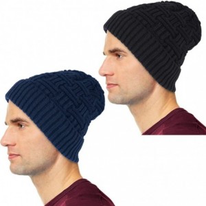 Skullies & Beanies Mens Slouchy Beanie Wool Knit Winter Hat Skull Cap with Fur Lining 2- Pack - Black & Navy - C0185QDU89L $1...