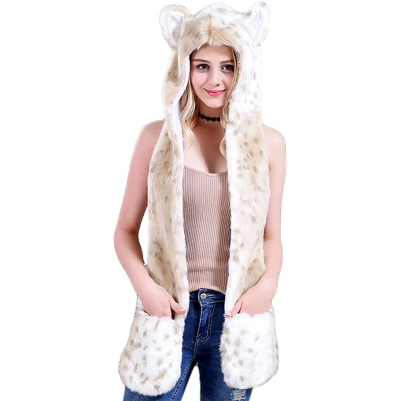 Bomber Hats Animal Hood Faux Fur Hat with Scarfs Mittens Ears and Paws 3 in 1 Soft Warm Winter Headwear - Snow Leopard - C918...